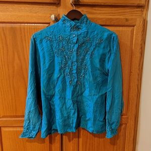 Vtg Silver Mesa Teal Blue Pure Silk Women size S Western Show Shirt rhinestone